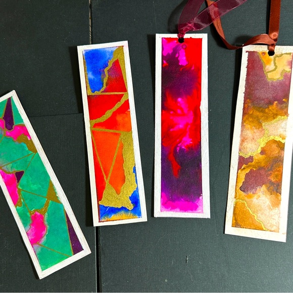 Set of 4  Bookmarks Vibrant Hand Painted Original Watercolor Abstract Design - Picture 6 of 7